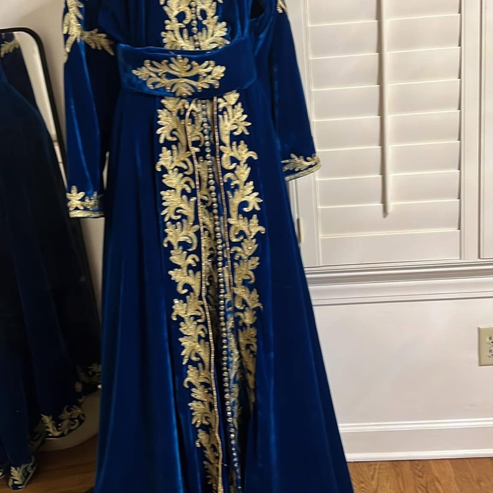 Elegant Blue and Gold Embroidered Dress